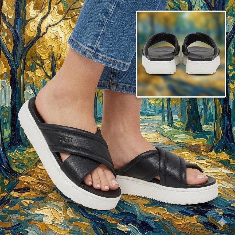 NWT UGG Women's Zayne Crossband Sandals in Black Leather.
